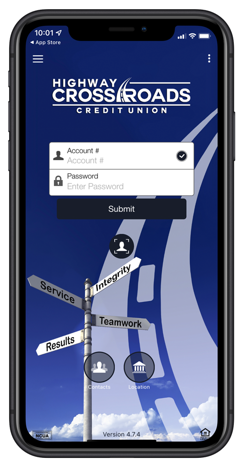 Mockup of Highway Crossroads mobile app on iPhone screen
