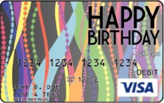 Visa® gift card with party streamers and a Happy Birthday message design